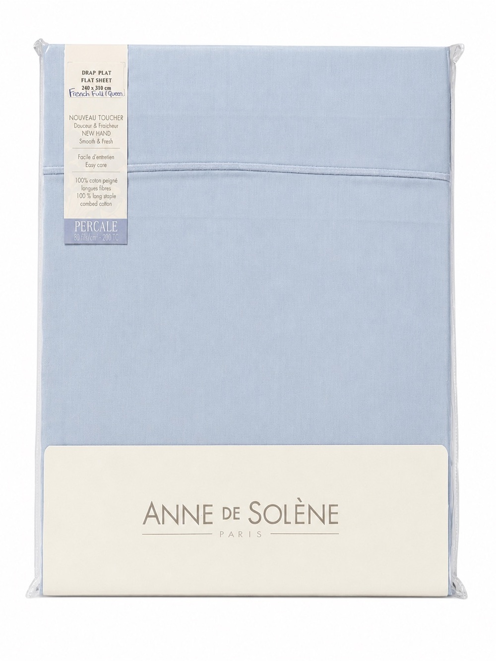 ANNE DE SOLENE Blue 100% Cotton Percale 200TC French Full/Queen Sheet 240x310 cm
